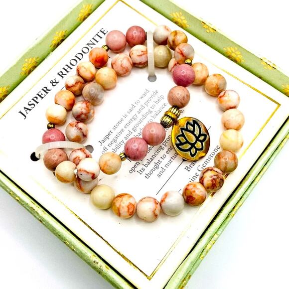 Shivam Jasper & Rhodonite Beaded Bracelet with Lotus Charm - Picture 5 of 7